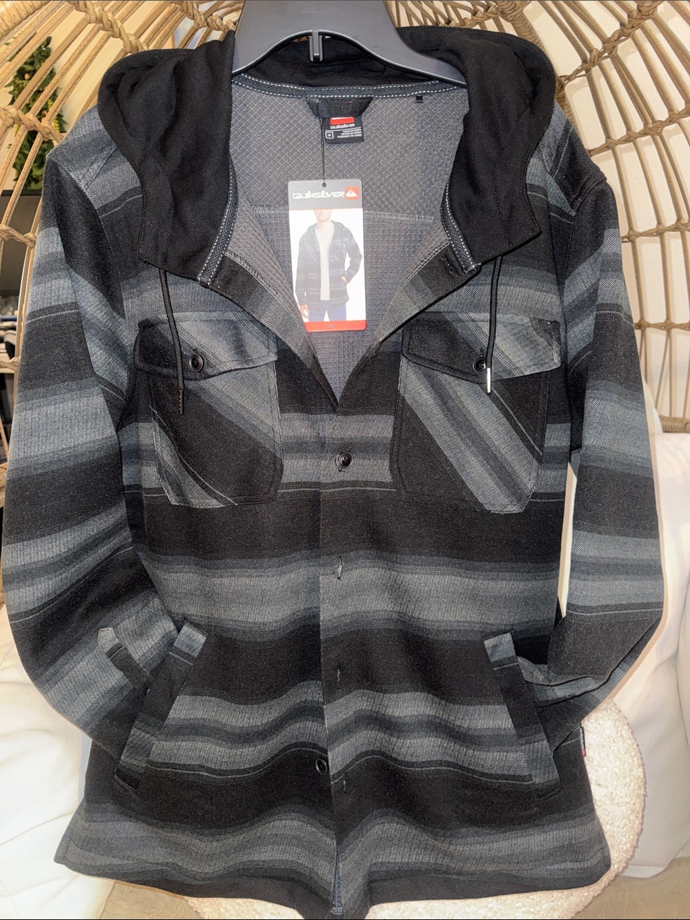 Quiksilver Black & Gray Striped Hooded Button Jacket